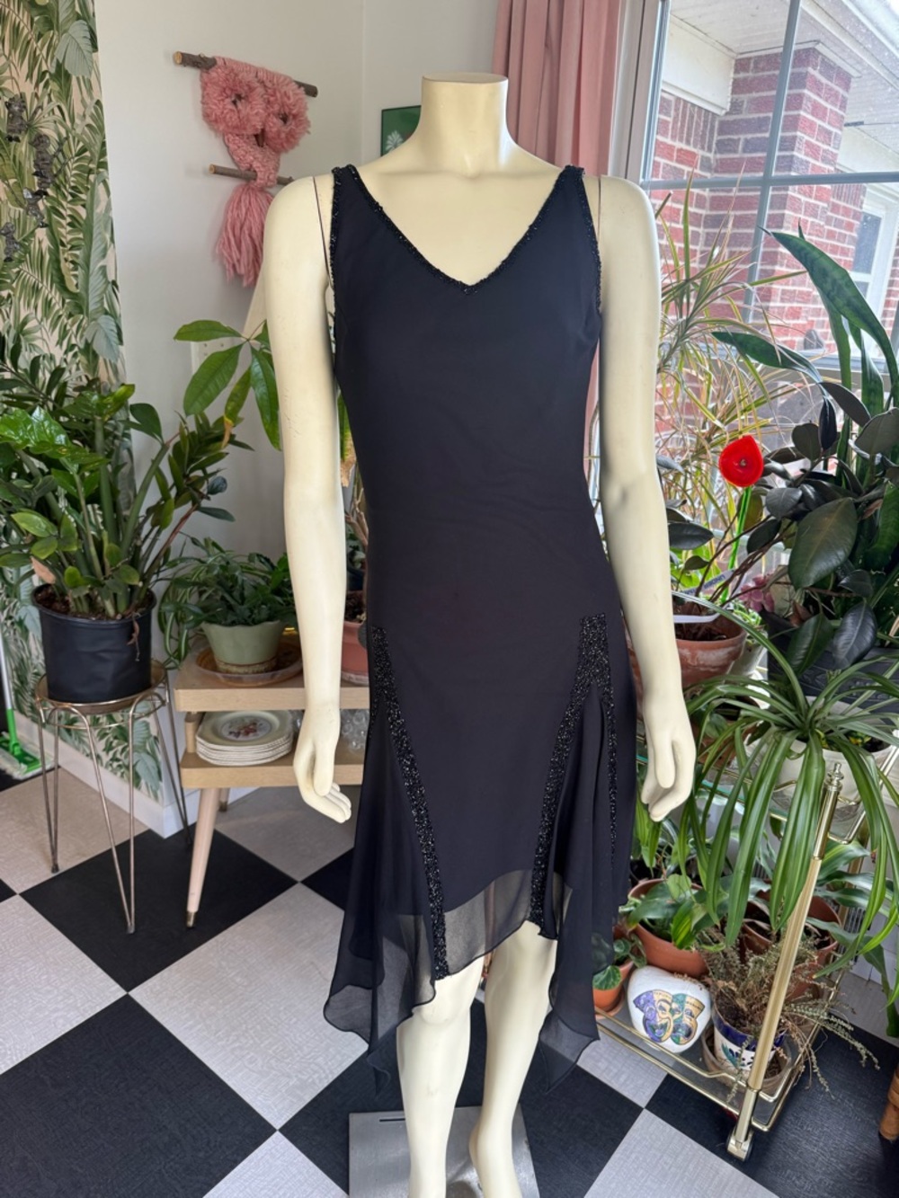VTG y2k Black Beaded Asymmetrical Slip Dress fairy handkerchief hem bead